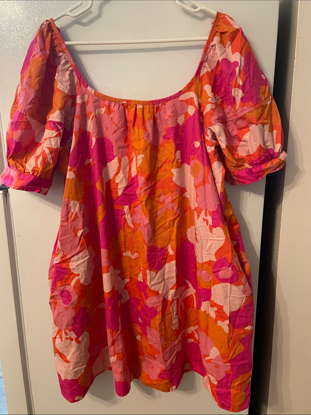 Free Assembly Large 100% Cotton Floral Puff-Sleeve Dress Pink & Orange Cutesy
